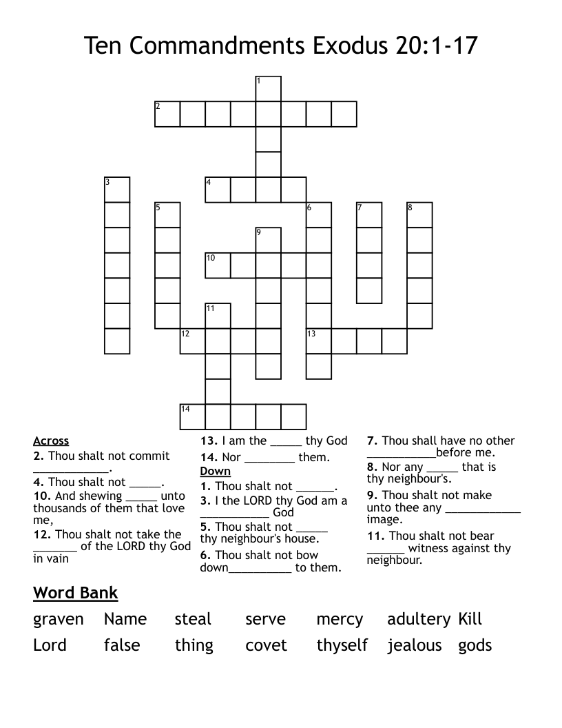Ten Commandments        Exodus 20:1-17 Crossword