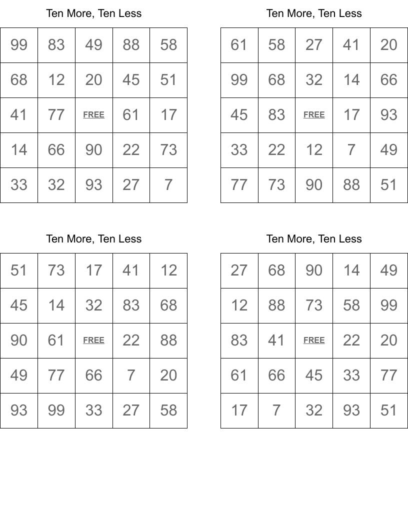 Ten More, Ten Less Bingo Cards