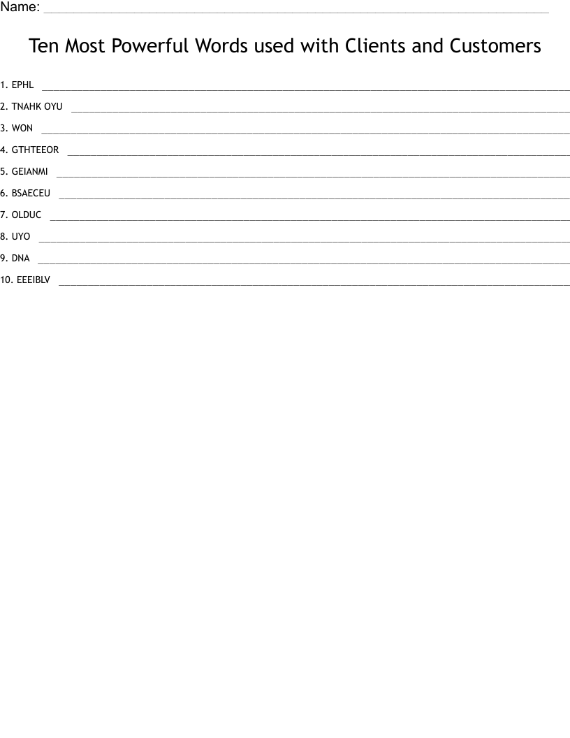 Ten Most Powerful Words used with Clients and Customers Word Scramble