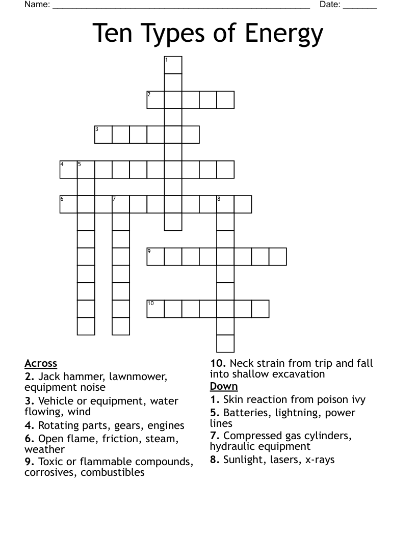 Ten Types of Energy Crossword