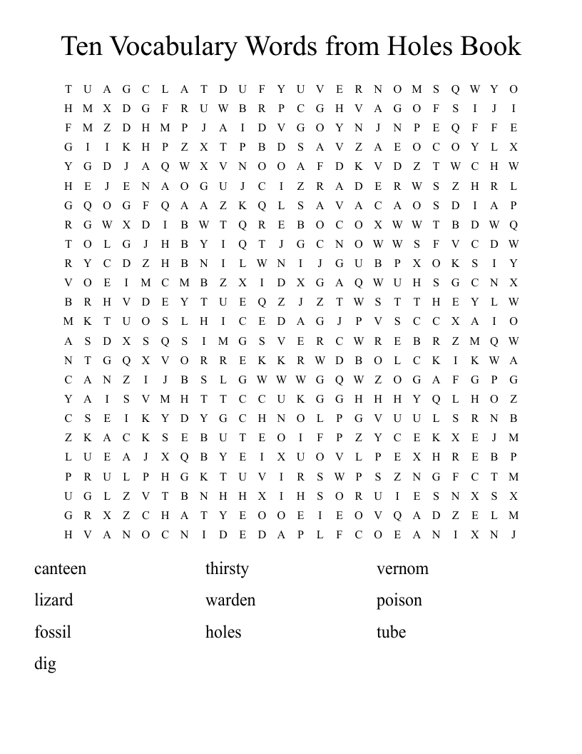 Ten Vocabulary Words from Holes Book Word Search