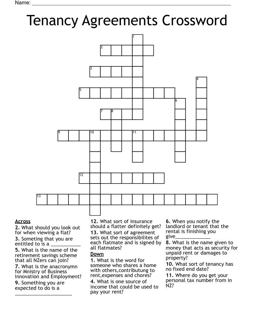 Tenancy Agreements Crossword