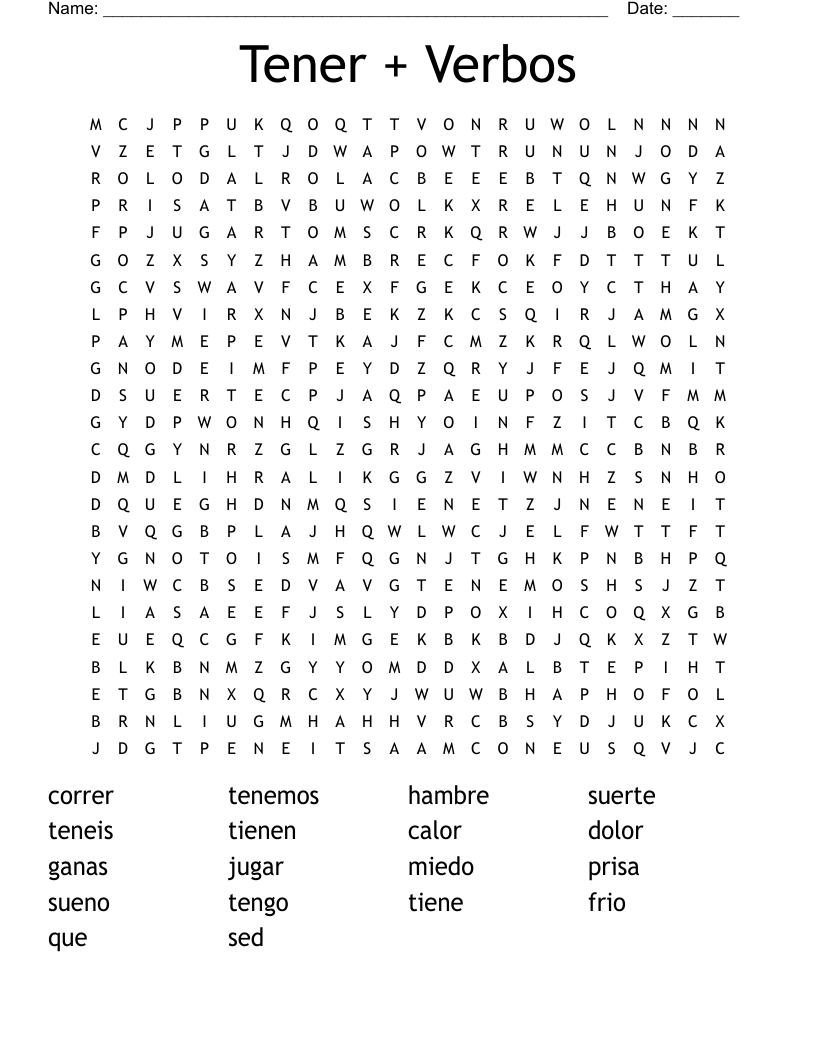 Tener + Verbos Word Search