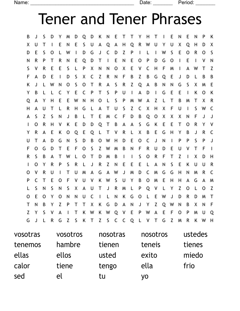 Tener and Tener Phrases Word Search