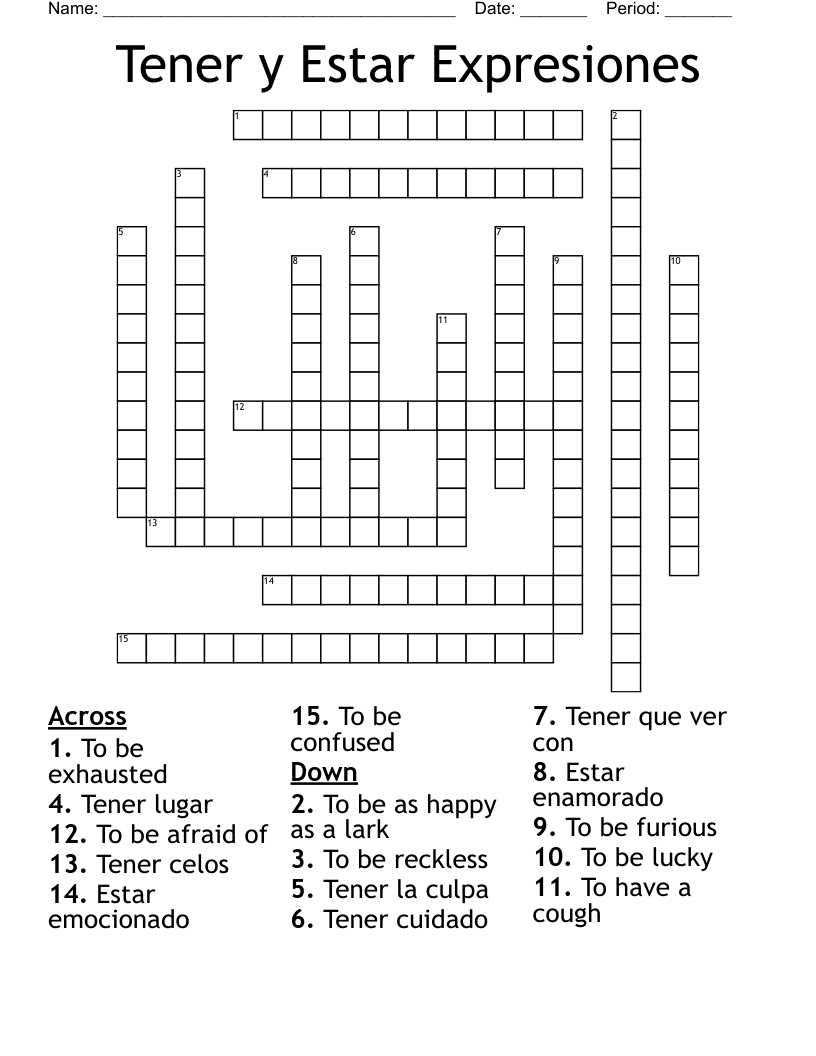 Tener y Estar Expresiones Crossword