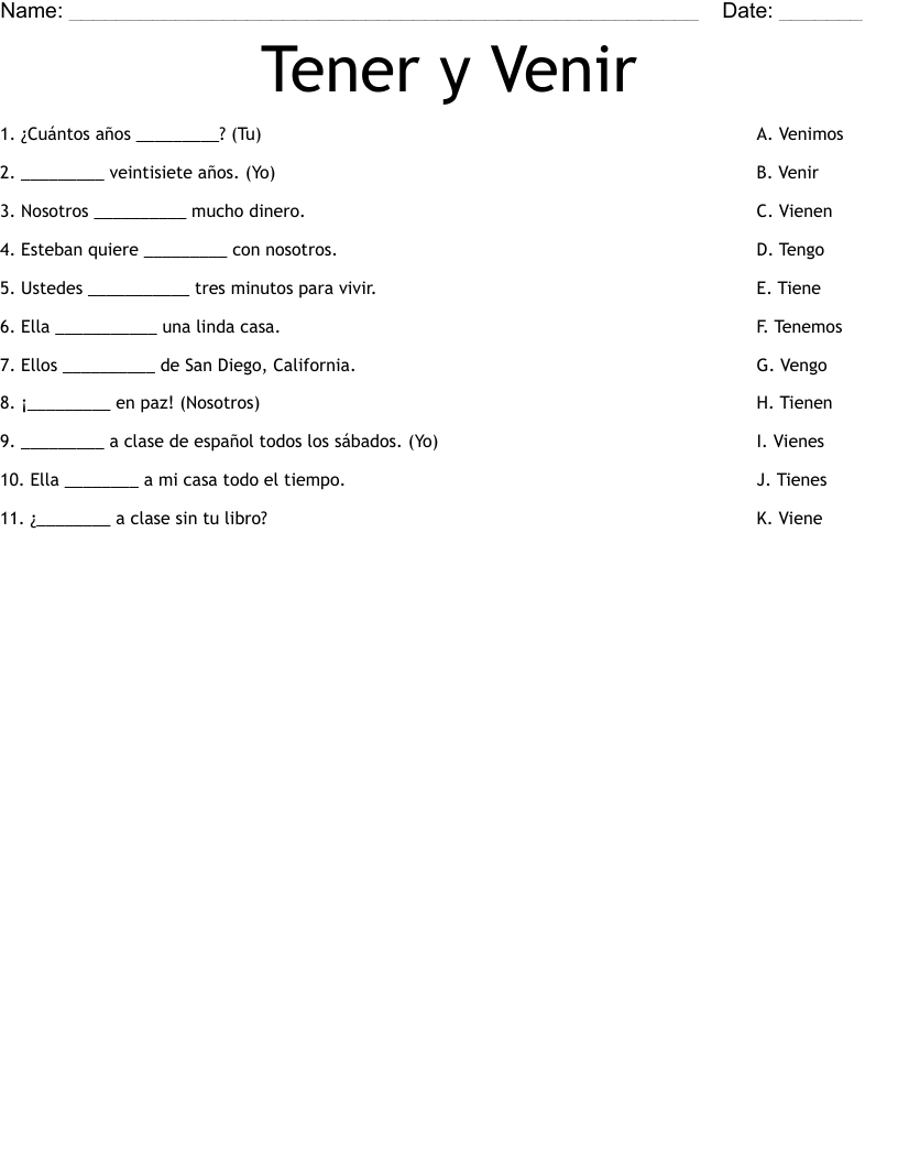 Tener y Venir Worksheet
