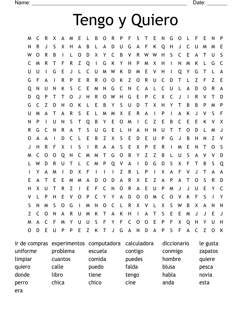 Tengo y Quiero Word Search