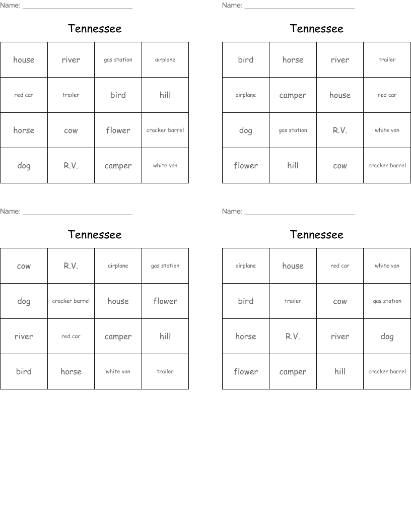 Tennessee Bingo Cards