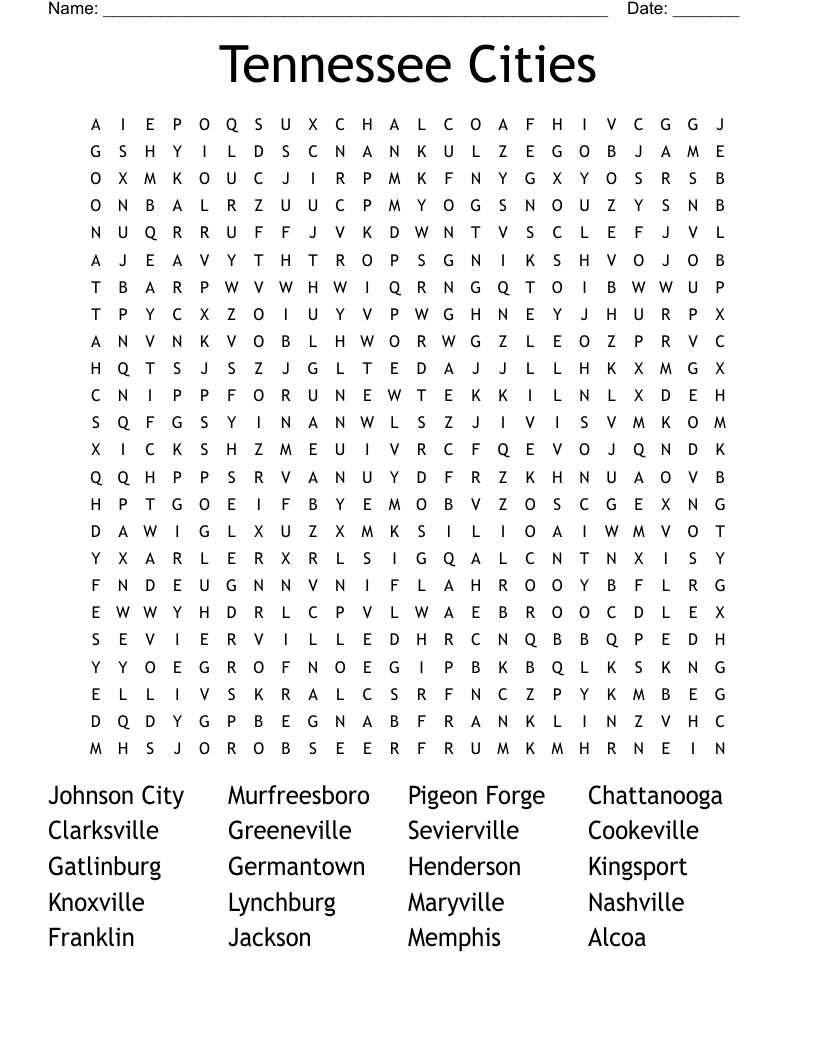 Tennessee Cities Word Search