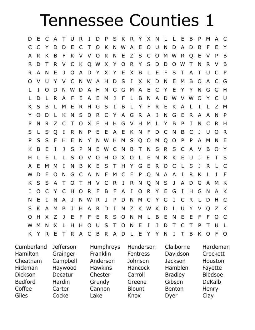 Tennessee Counties 1 Word Search