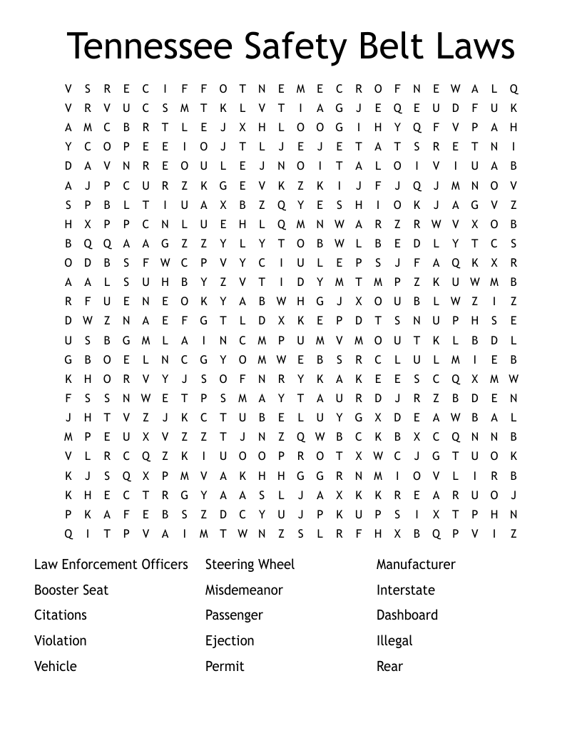 Tennessee Safety Belt Laws Word Search