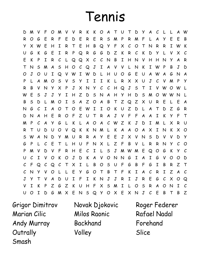 Tennis Word Search