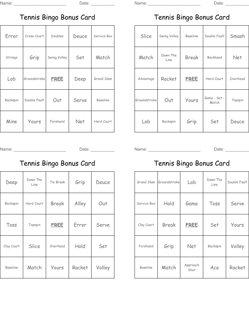 Tennis Bingo Bonus Card