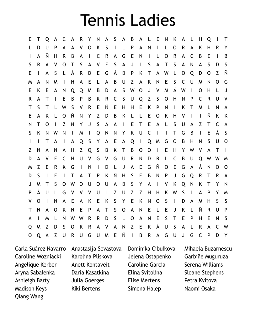 Tennis Ladies Word Search