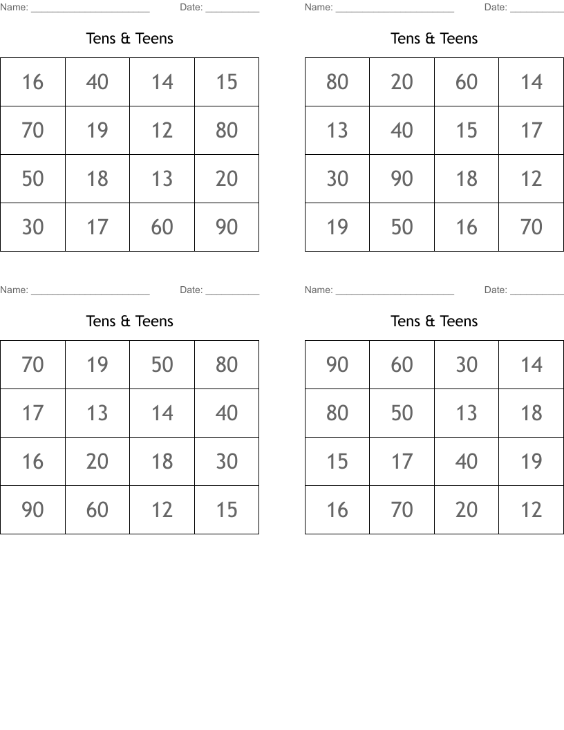 Tens & Teens Bingo Cards