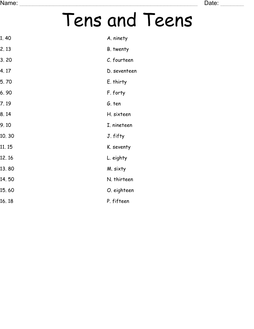 Tens and Teens Worksheet