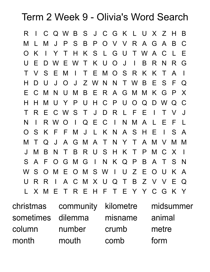 Term 2 Week 9 - Olivia's Word Search