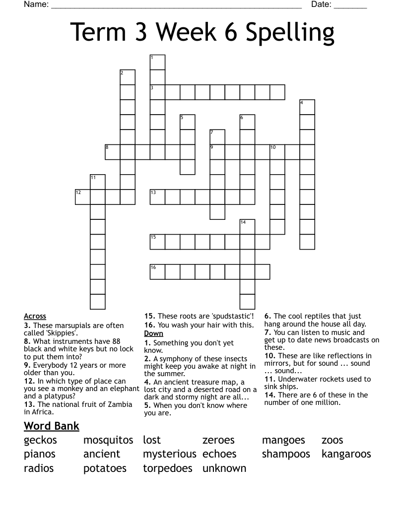 Term 3 Week 6 Spelling Crossword