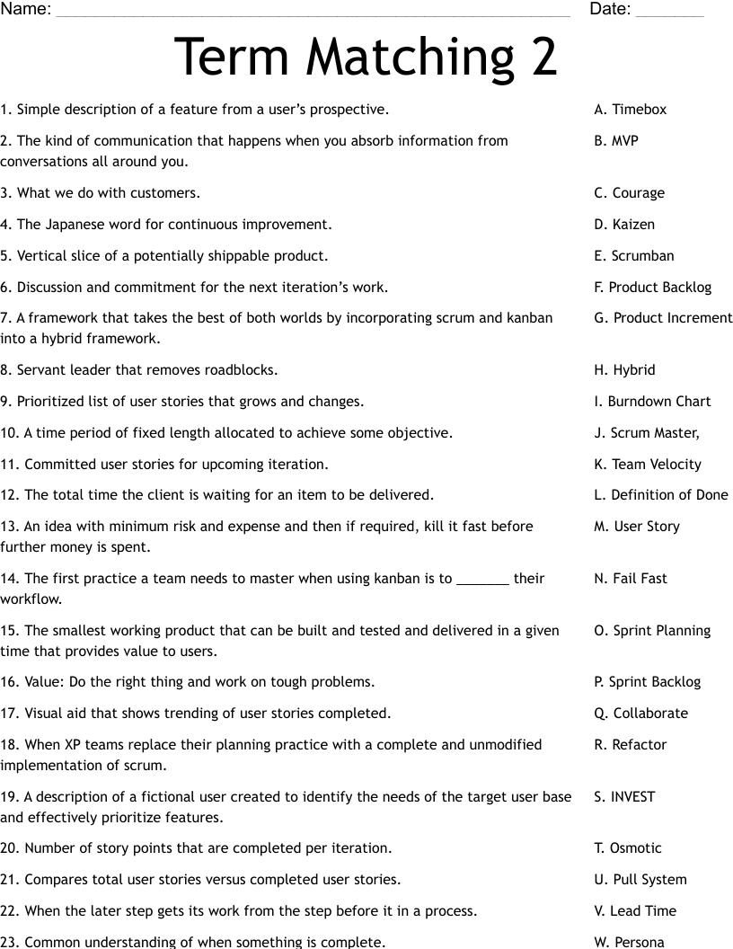 Term Matching 2 Worksheet