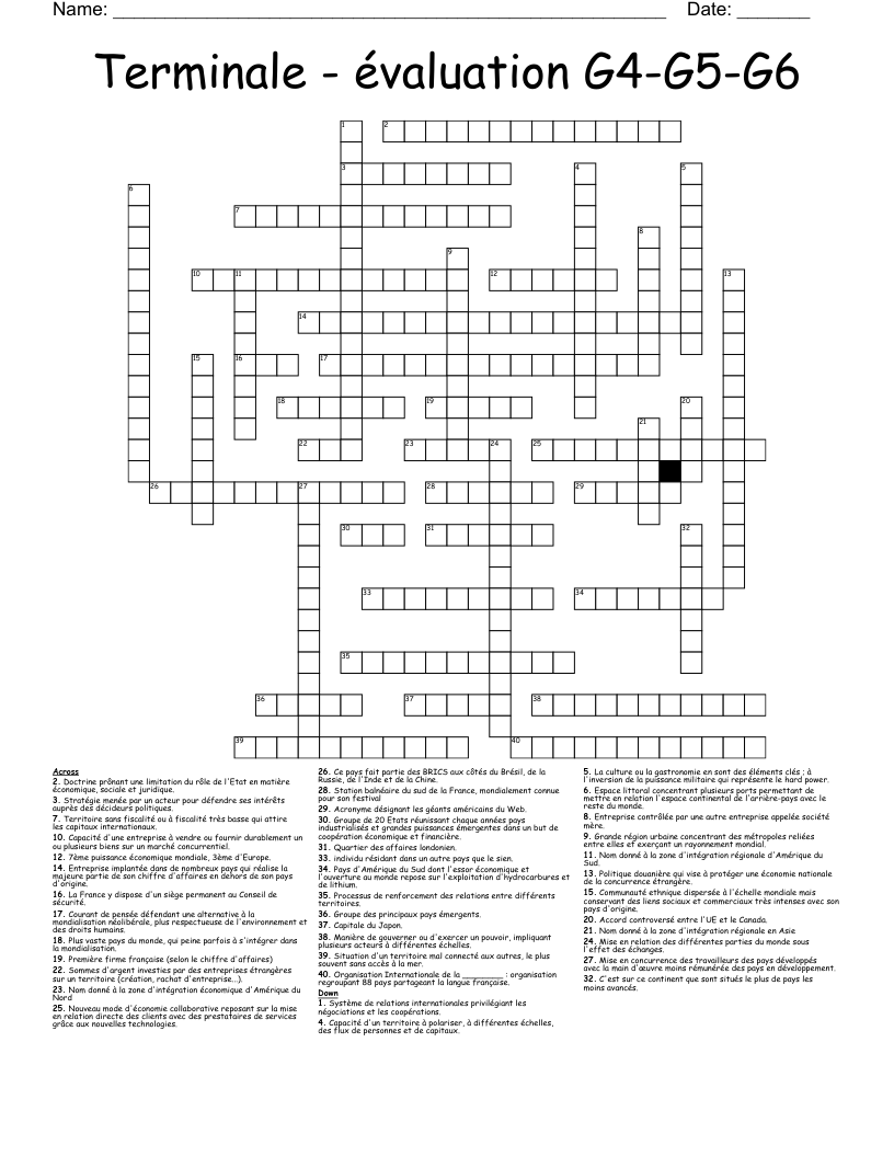 Terminale - évaluation G4-G5-G6 Crossword