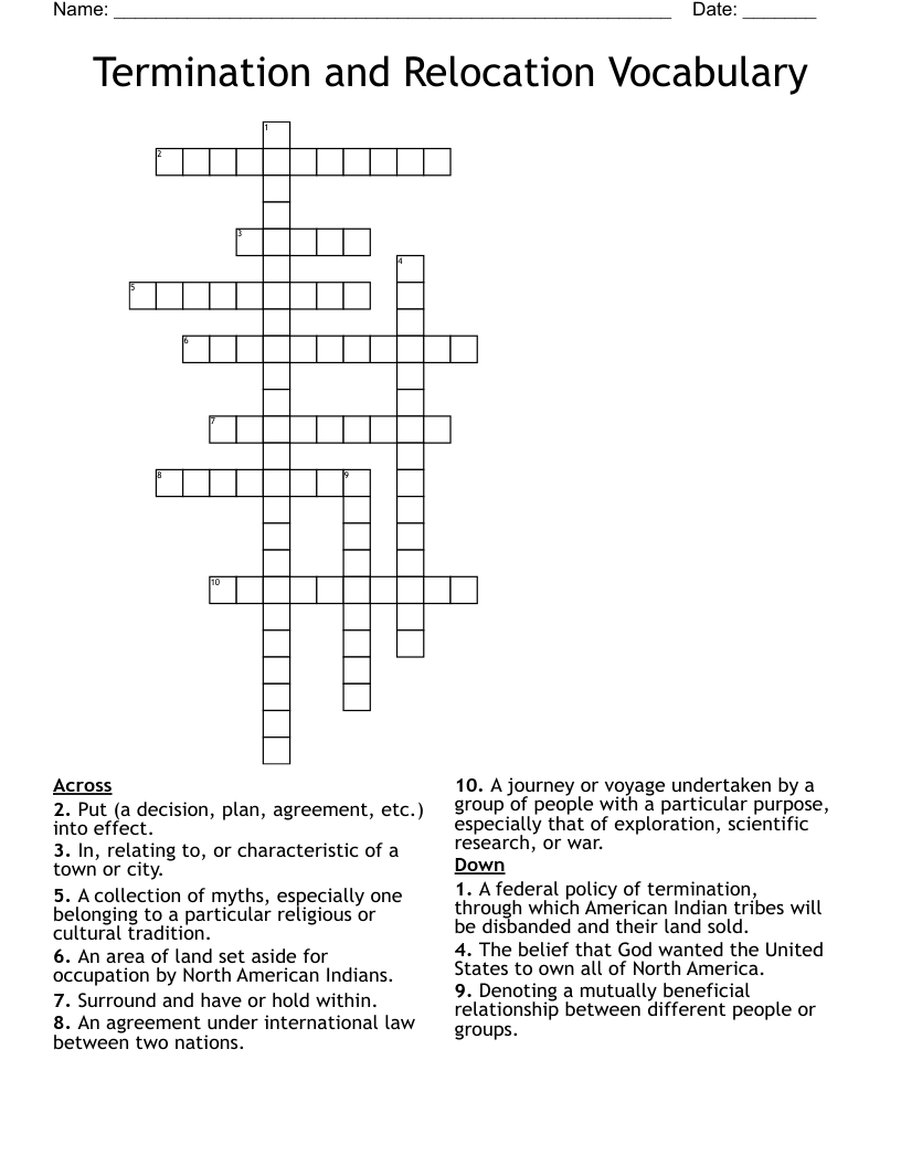 Termination and Relocation Vocabulary Crossword