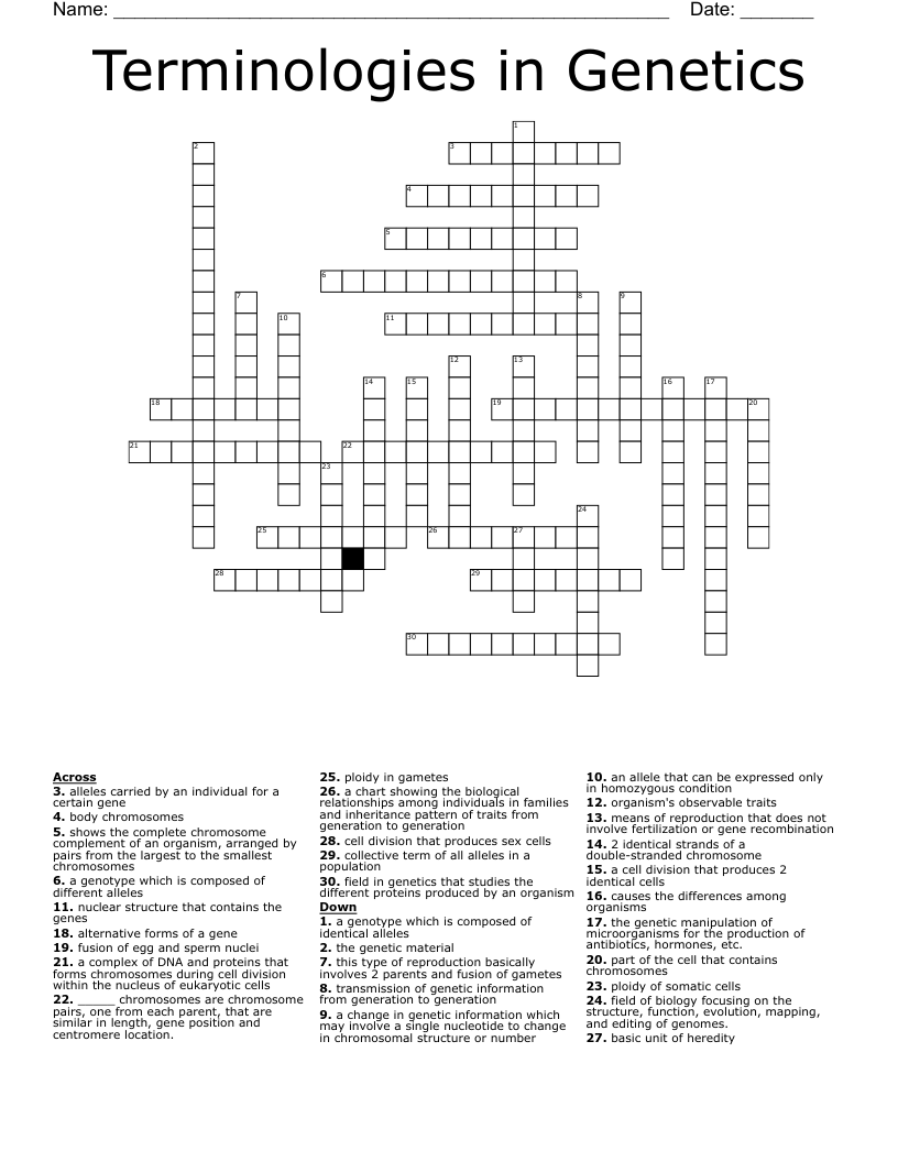 Terminologies in Genetics Crossword