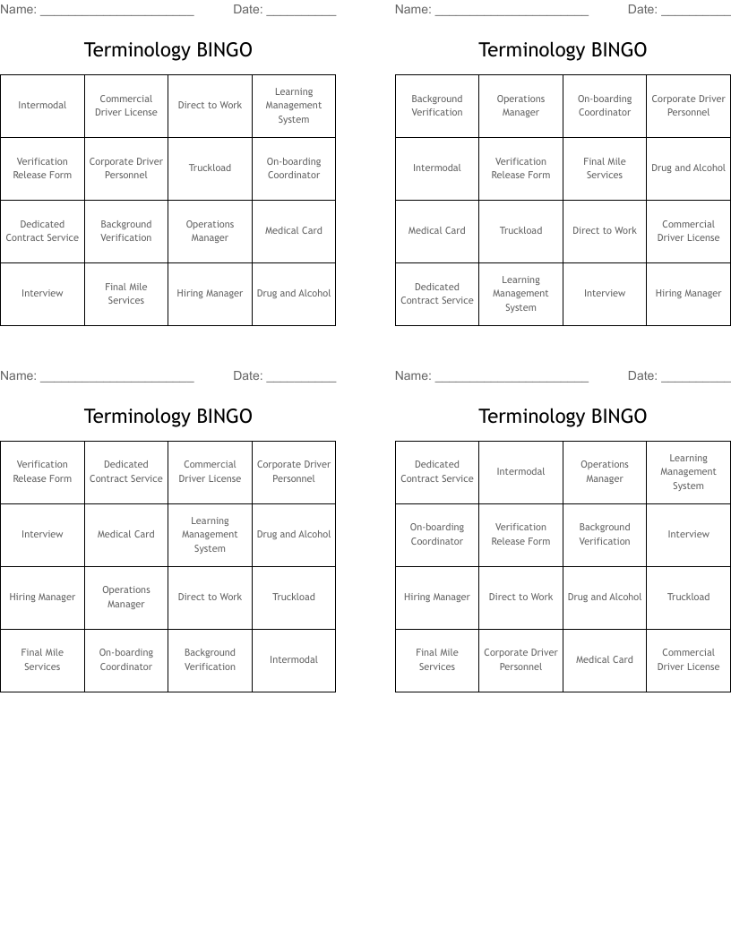 Terminology BINGO