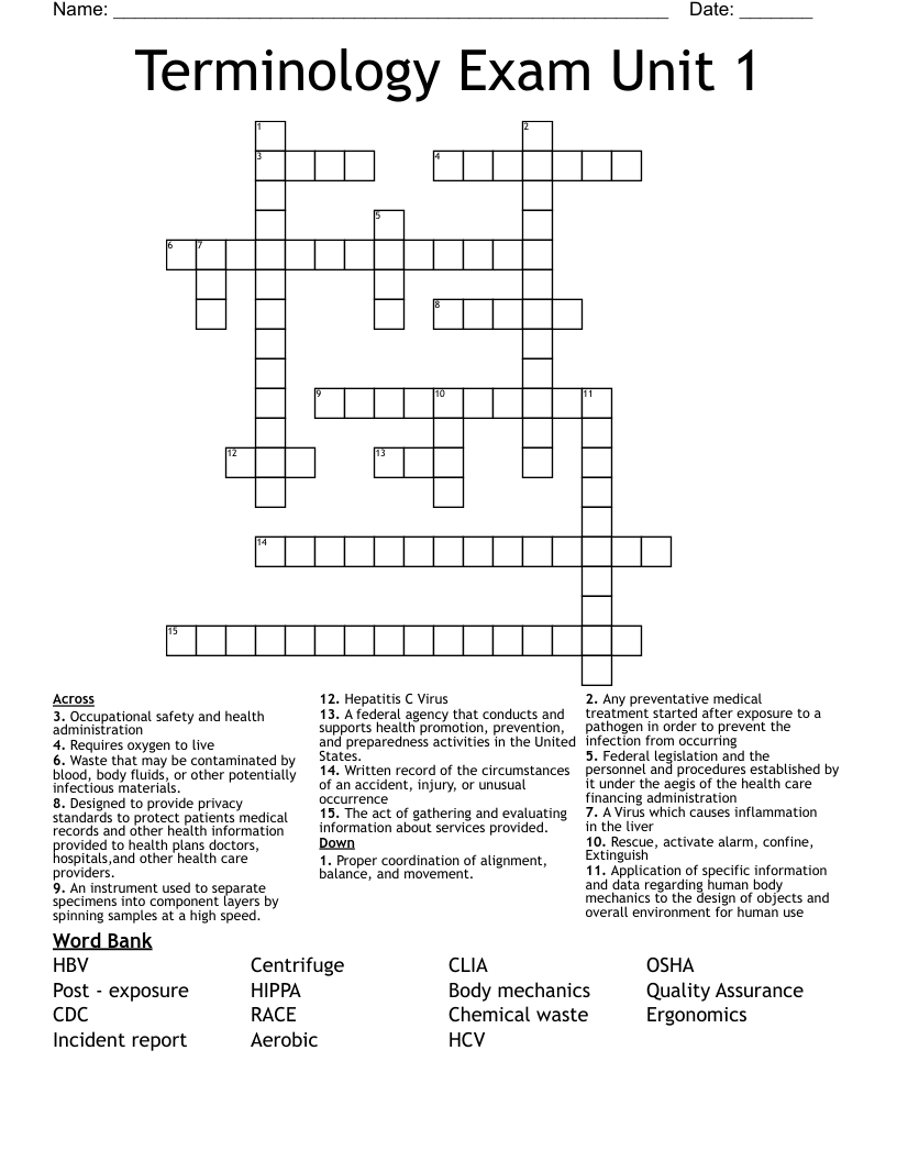 Terminology Exam Unit 1 Crossword