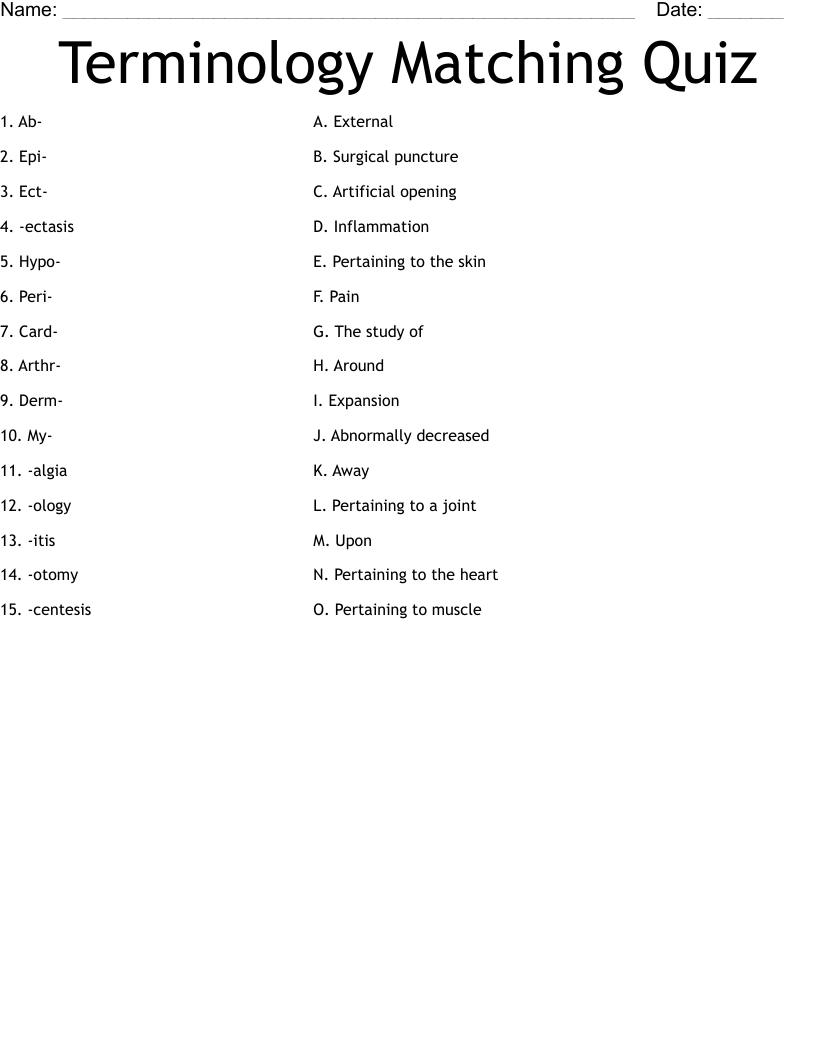 Terminology Matching Quiz Worksheet