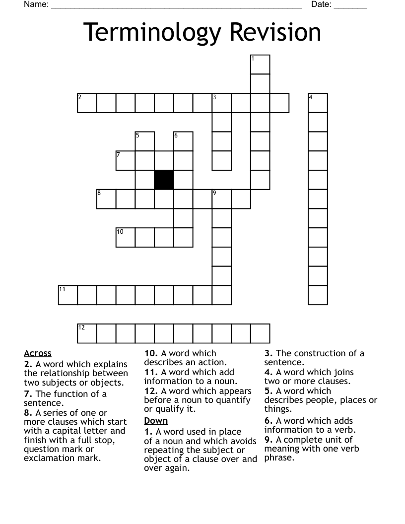 Terminology Revision Crossword