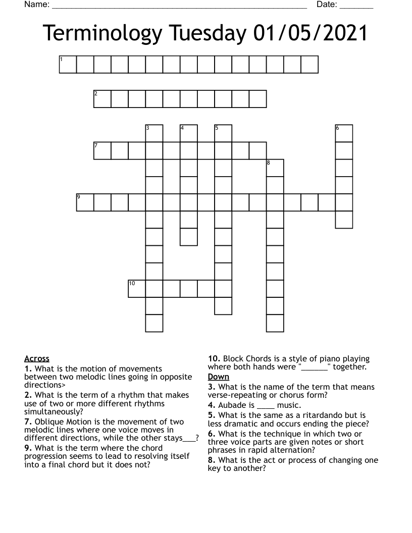 Terminology Tuesday 01/05/2021 Crossword
