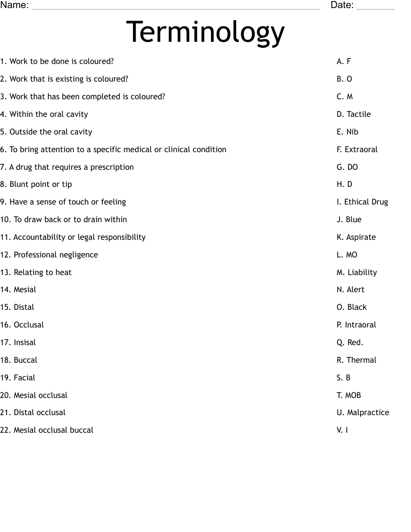 Terminology  Worksheet