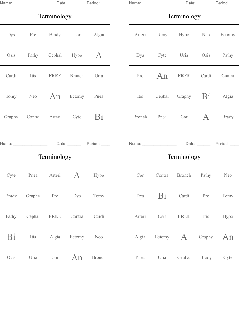 Terminology  Bingo Cards