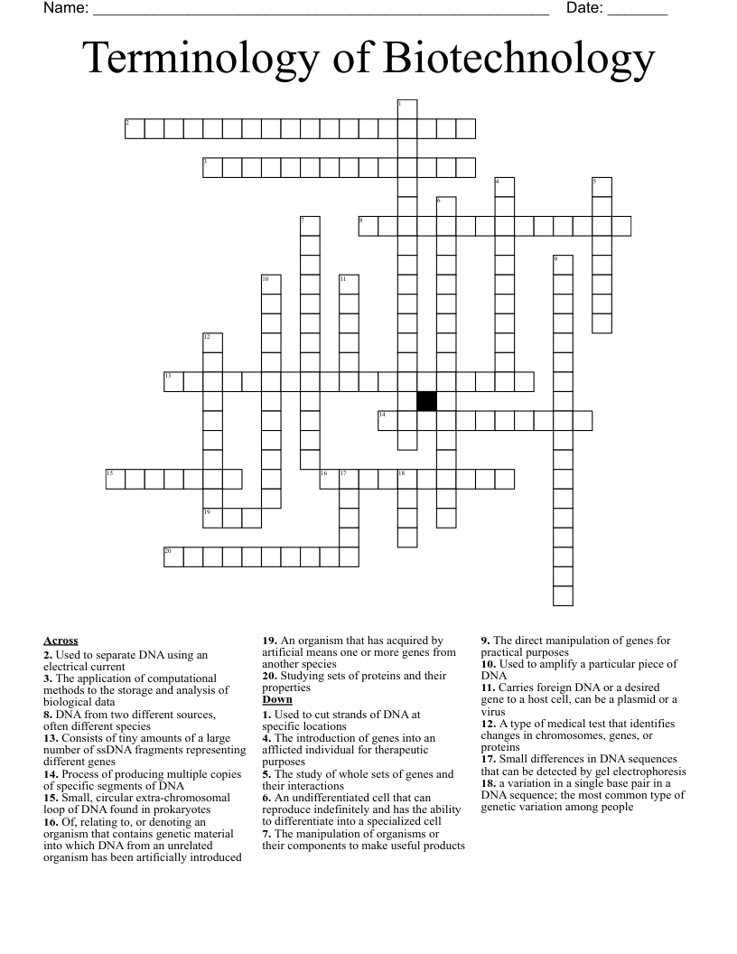 Terminology of Biotechnology Crossword