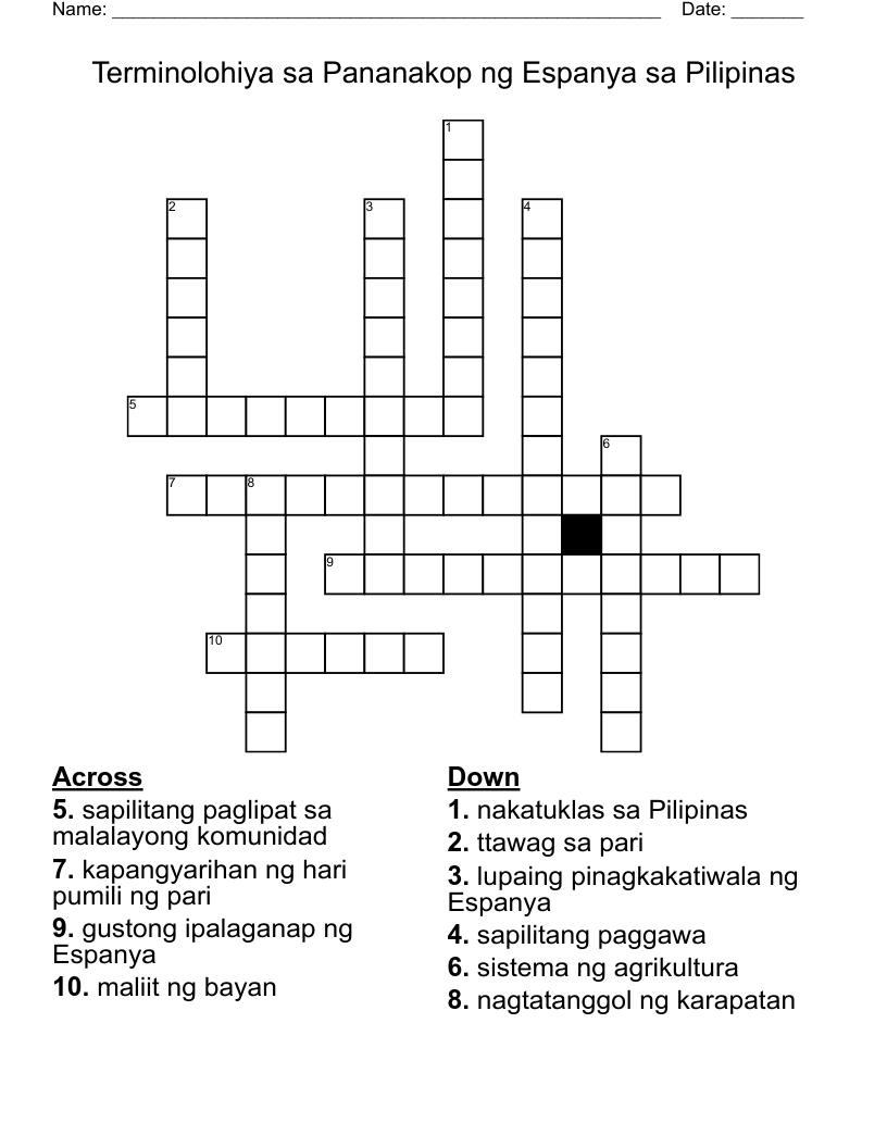 Terminolohiya sa Pananakop ng Espanya sa Pilipinas Crossword