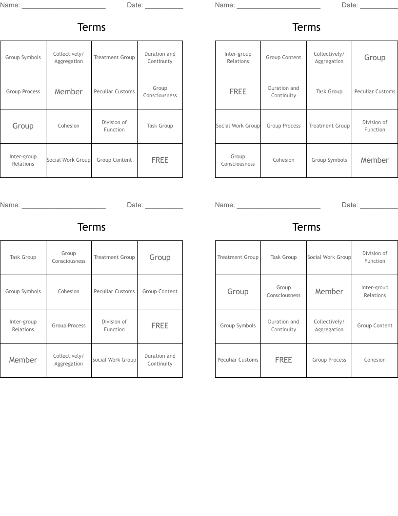 Terms Bingo Cards