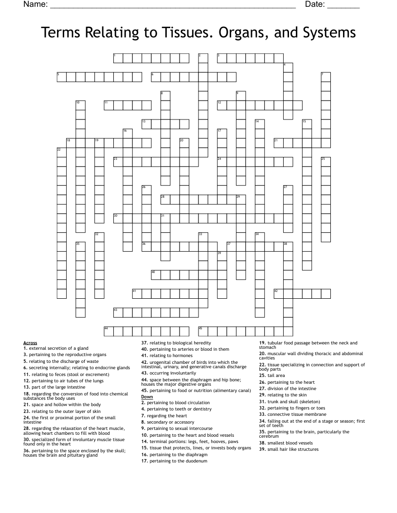 Terms Relating to Tissues. Organs, and Systems Crossword