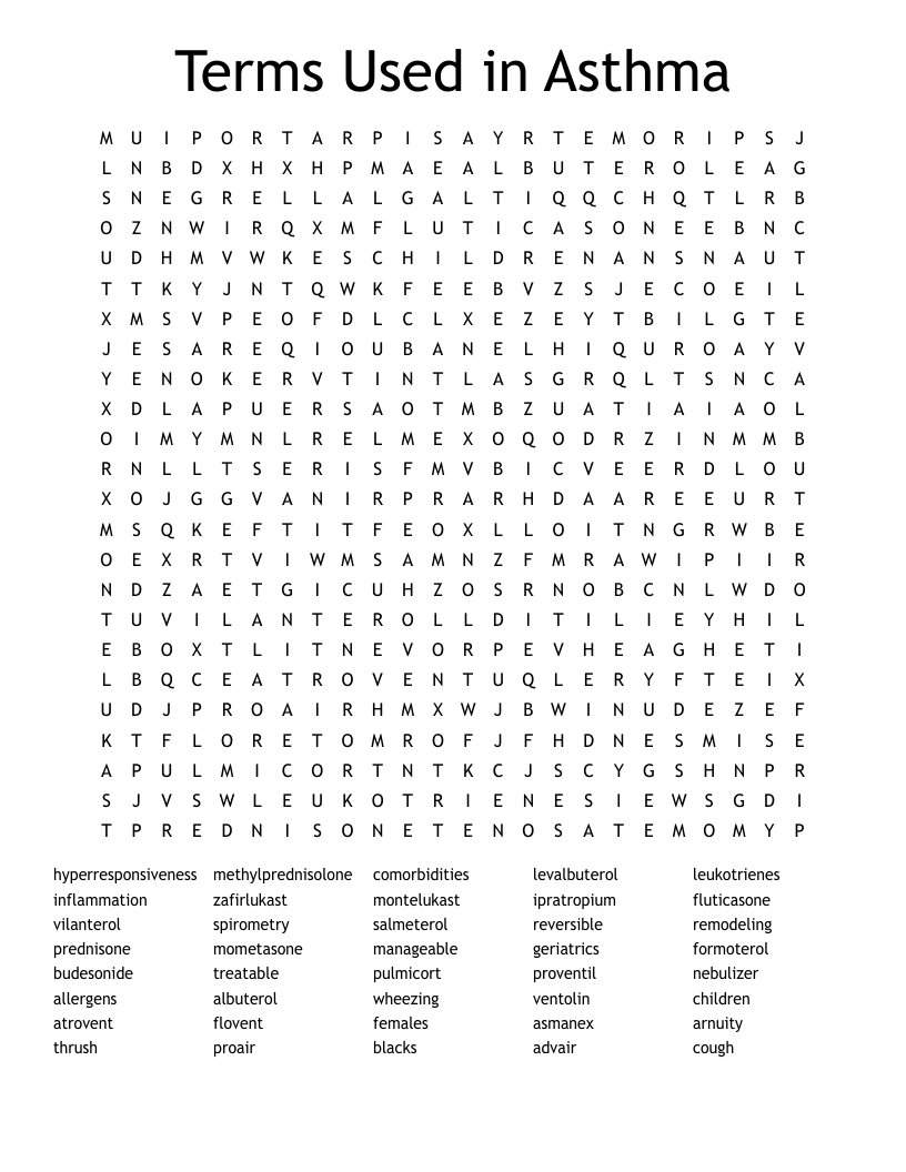 Terms Used in Asthma Word Search