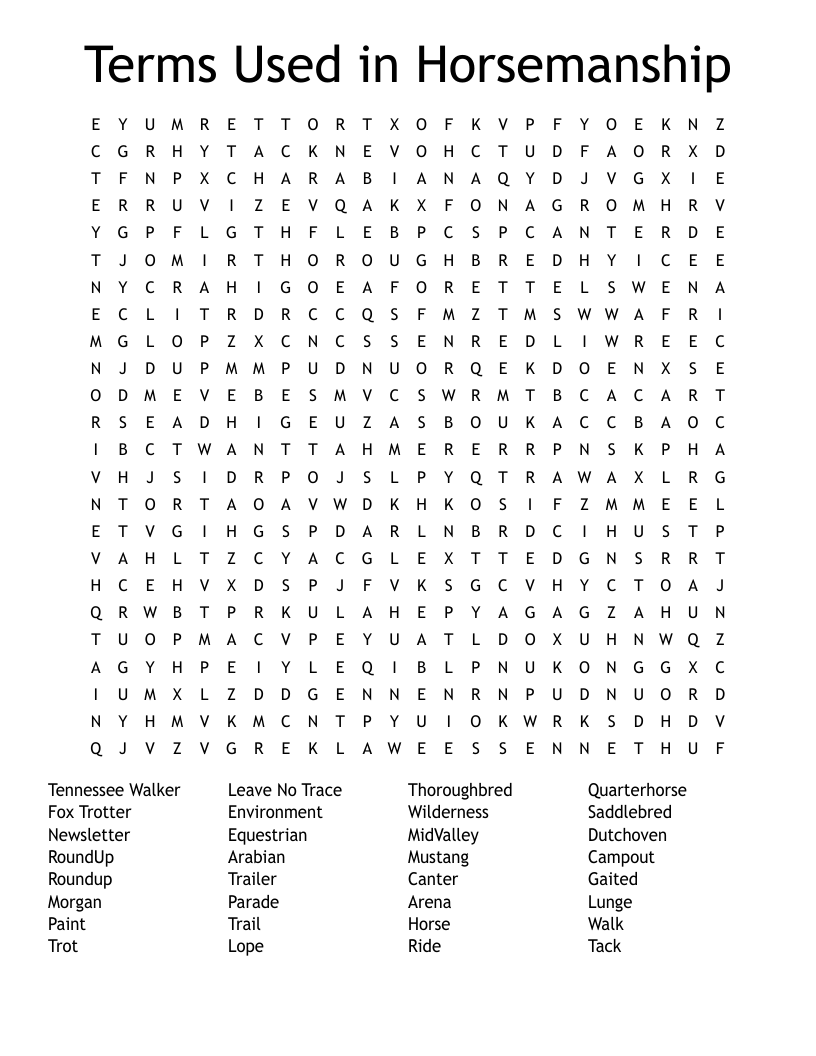 Terms Used in Horsemanship Word Search