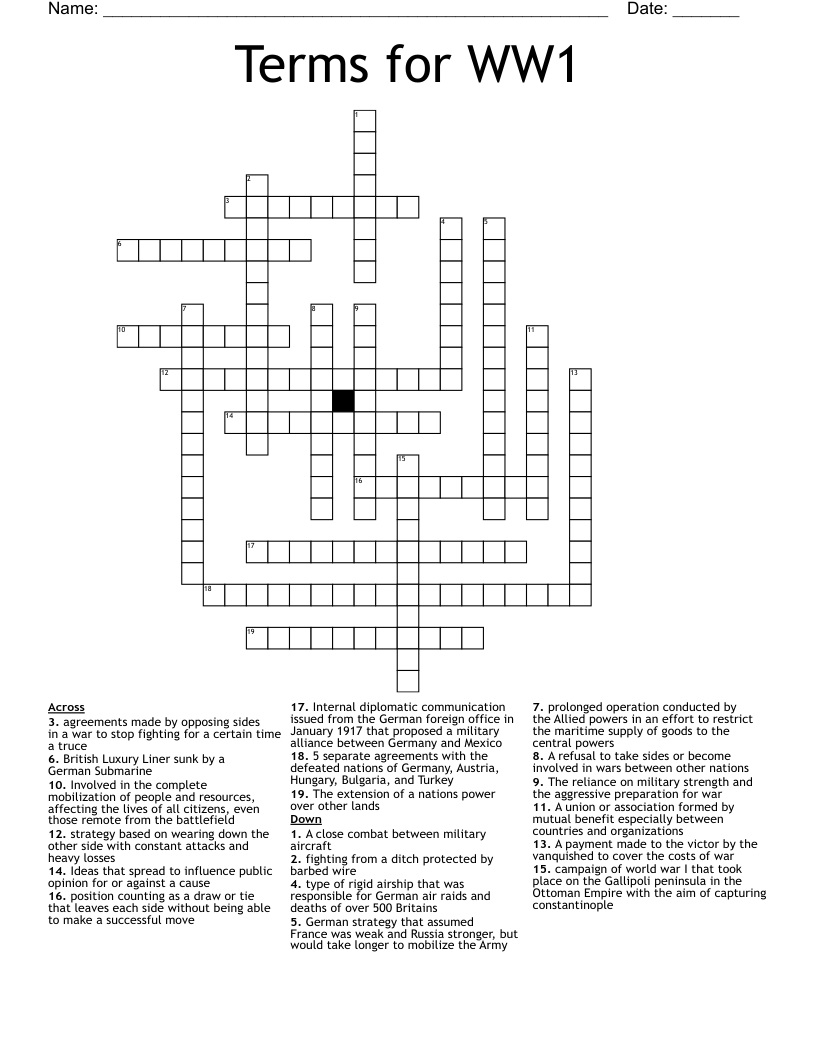 Terms for WW1 Crossword