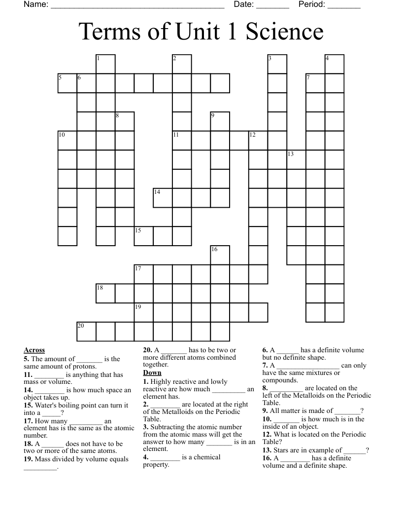 Terms of Unit 1 Science  Crossword