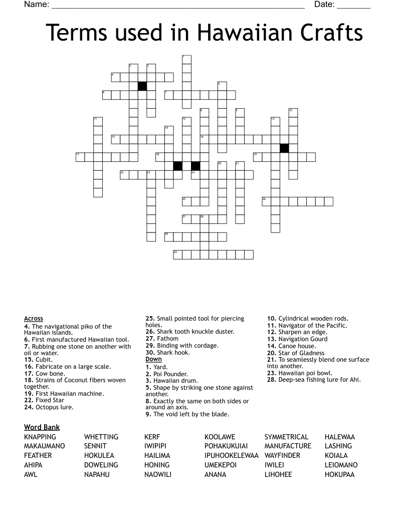 Terms used in Hawaiian Crafts  Crossword