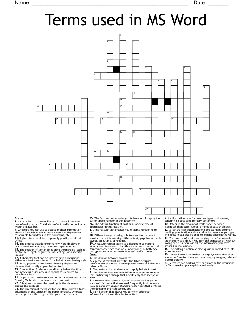 Terms used in MS Word Crossword