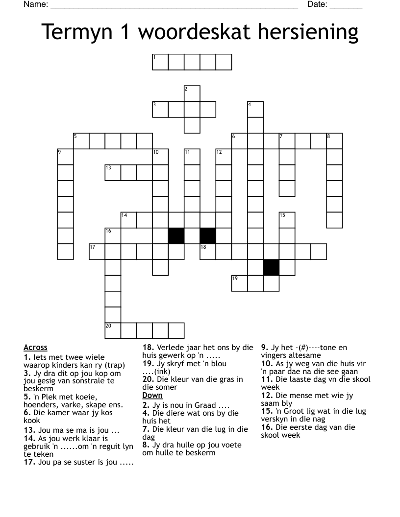 Termyn 1 woordeskat hersiening Crossword