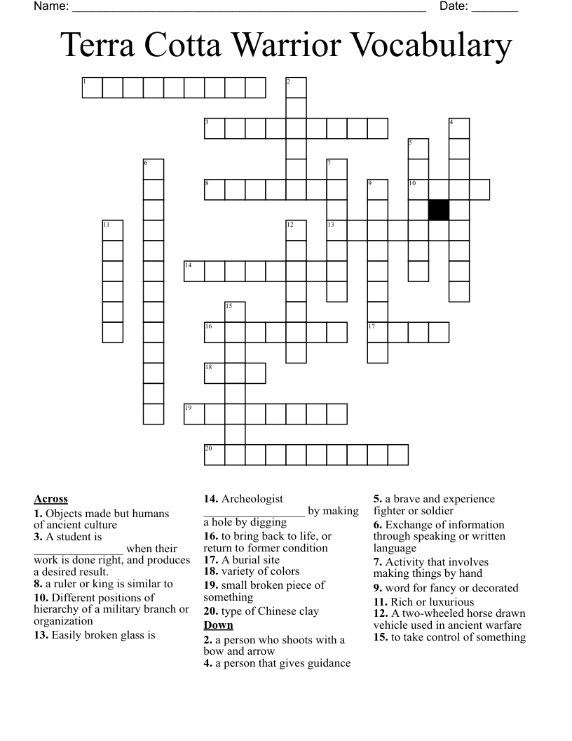 Terra Cotta Warrior Vocabulary Crossword