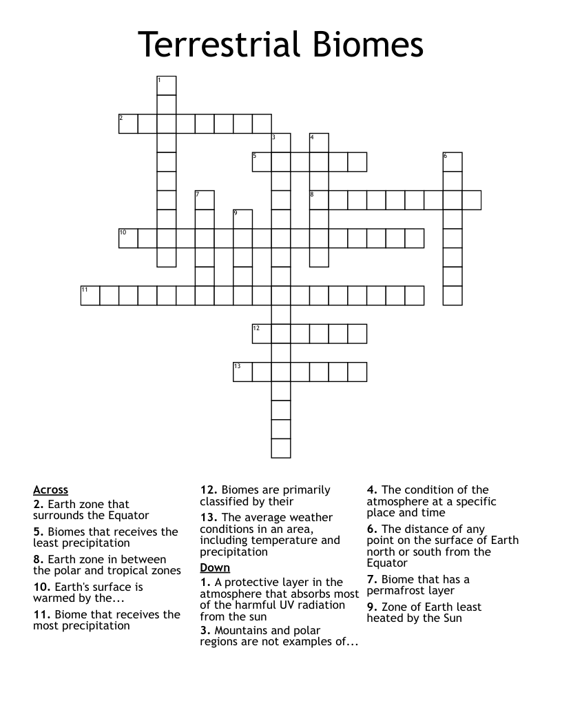 Terrestrial Biomes Crossword