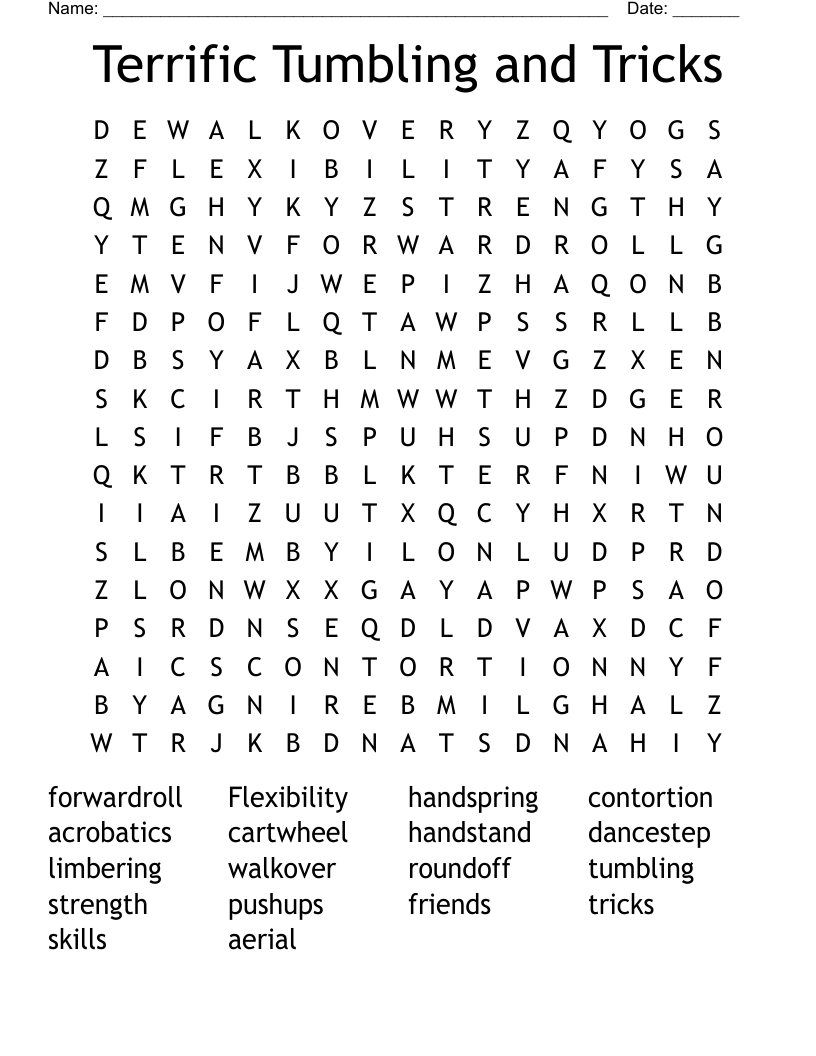 Terrific Tumbling and Tricks Word Search