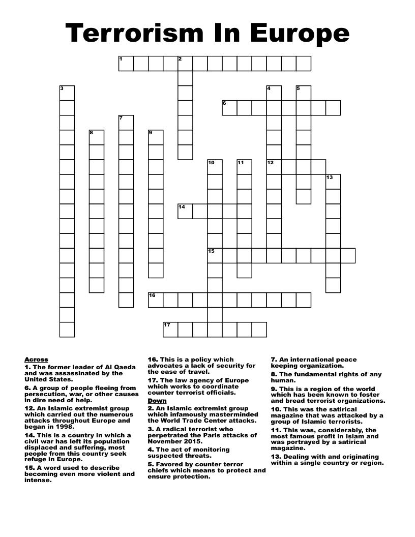 Terrorism In Europe Crossword
