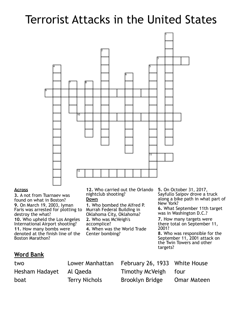 Terrorist Attacks in the United States Crossword