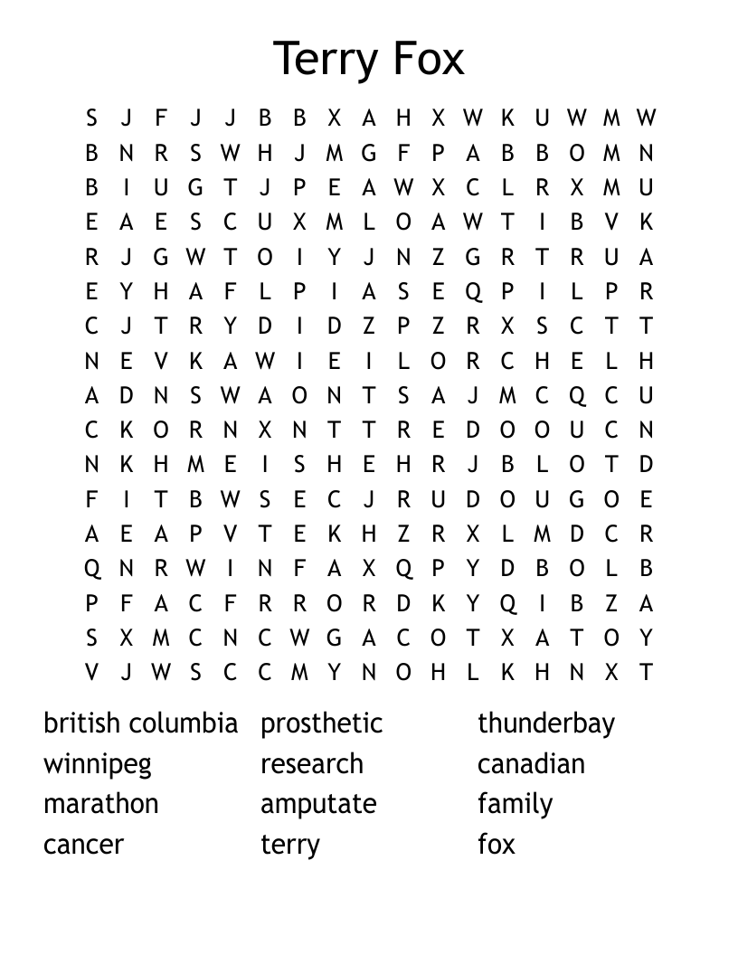 Terry Fox Word Search